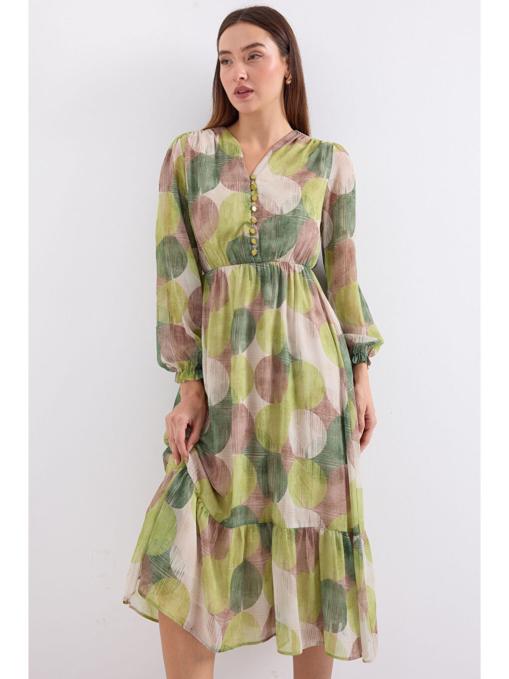 2137 Desenli Şifon Elbise - H. Yeşil