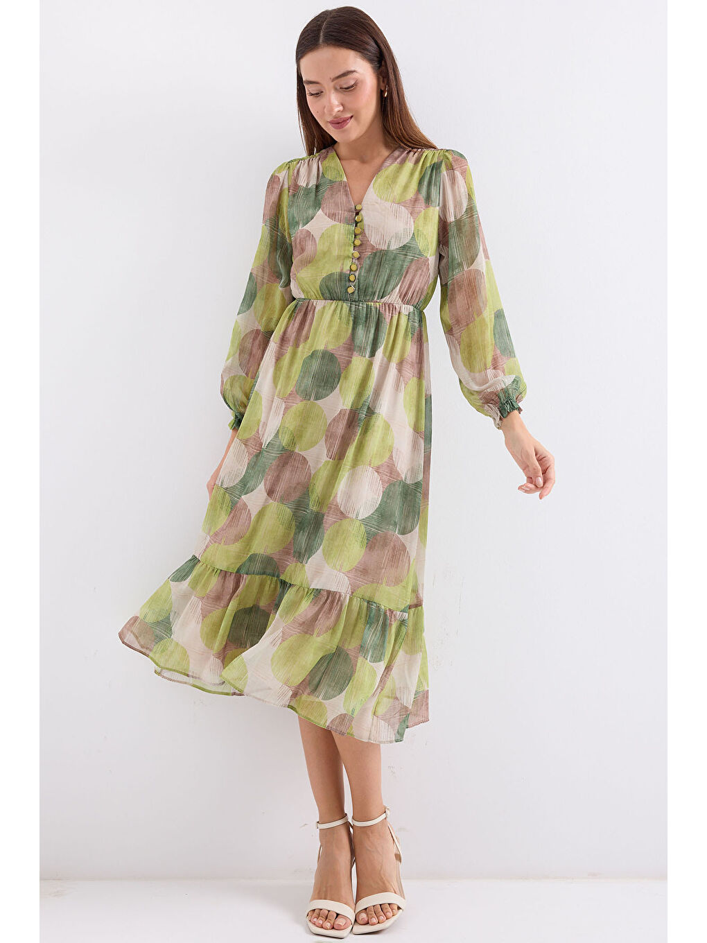 2137 Desenli Şifon Elbise - H. Yeşil-1