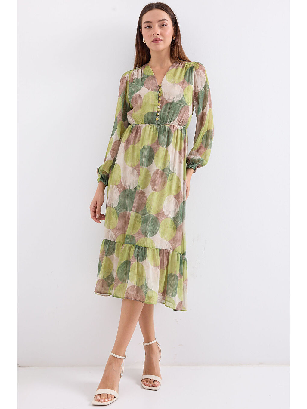 2137 Desenli Şifon Elbise - H. Yeşil-2