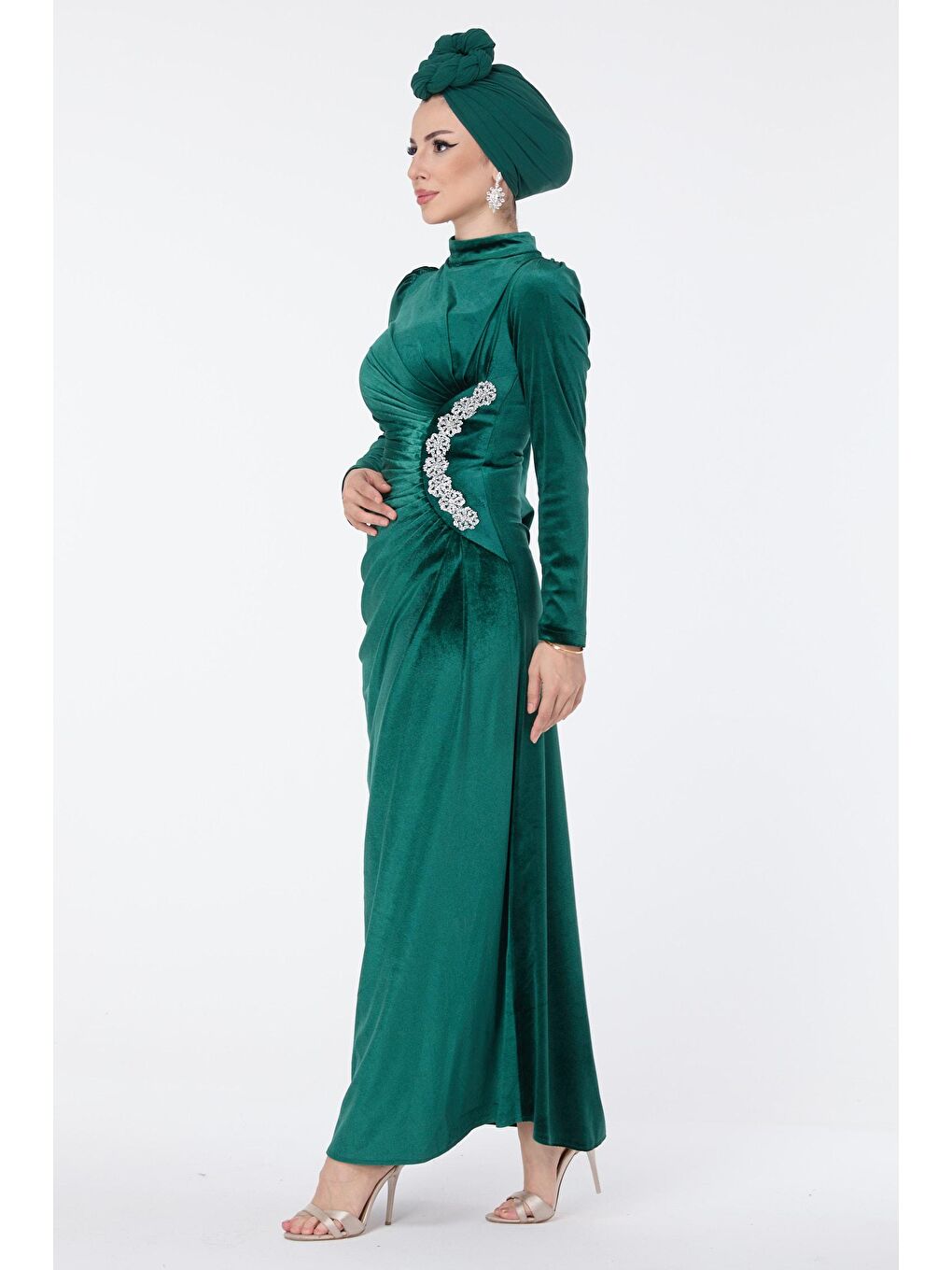 Düz Hakim Yaka Kadın Yeşil Abiye Elbise - 23591-2
