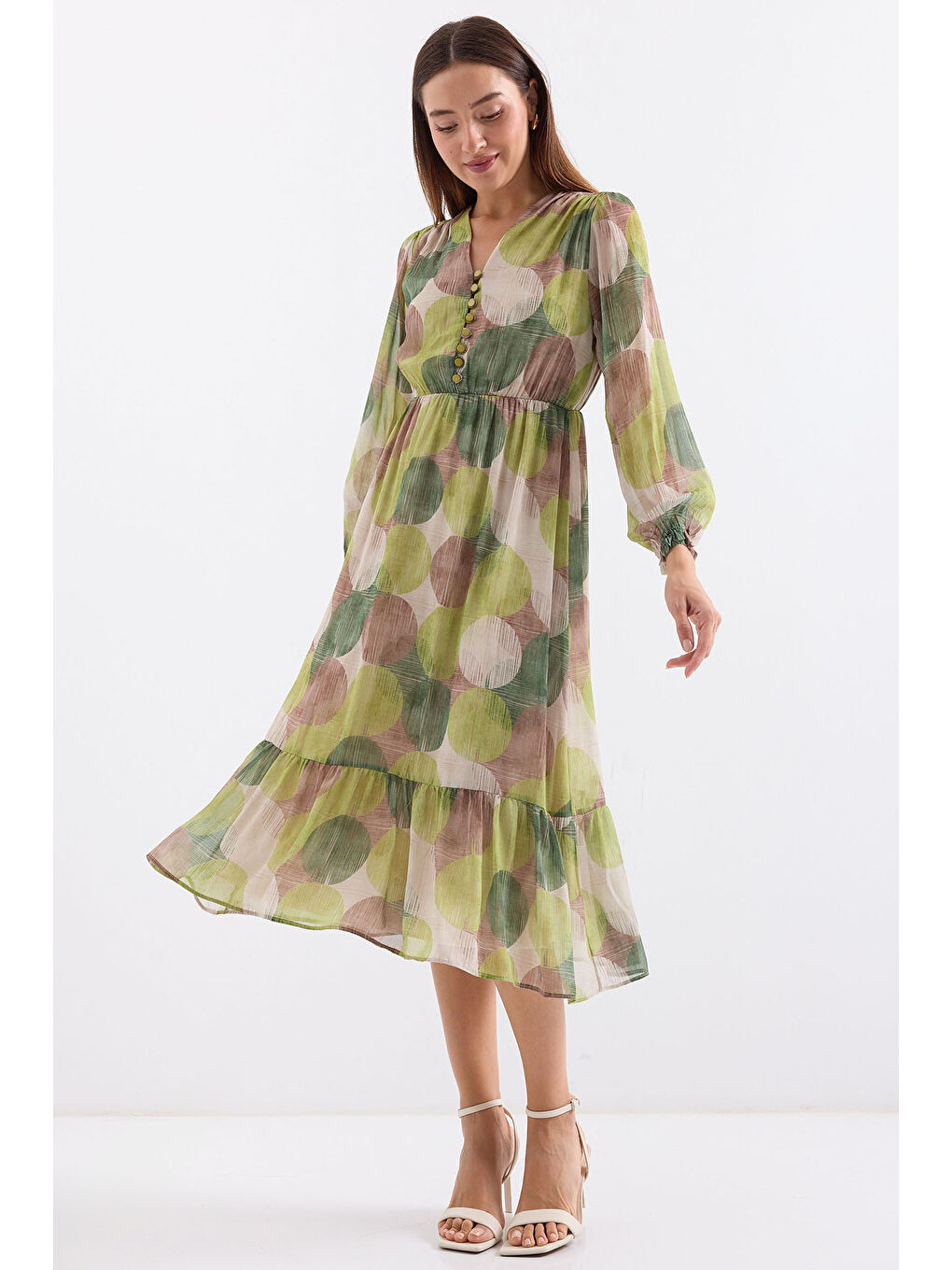 2137 Desenli Şifon Elbise - H. Yeşil-3