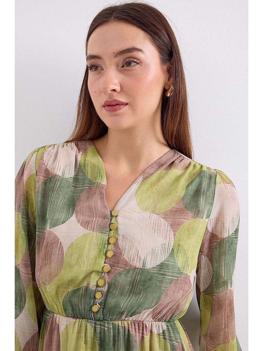 2137 Desenli Şifon Elbise - H. Yeşil-4