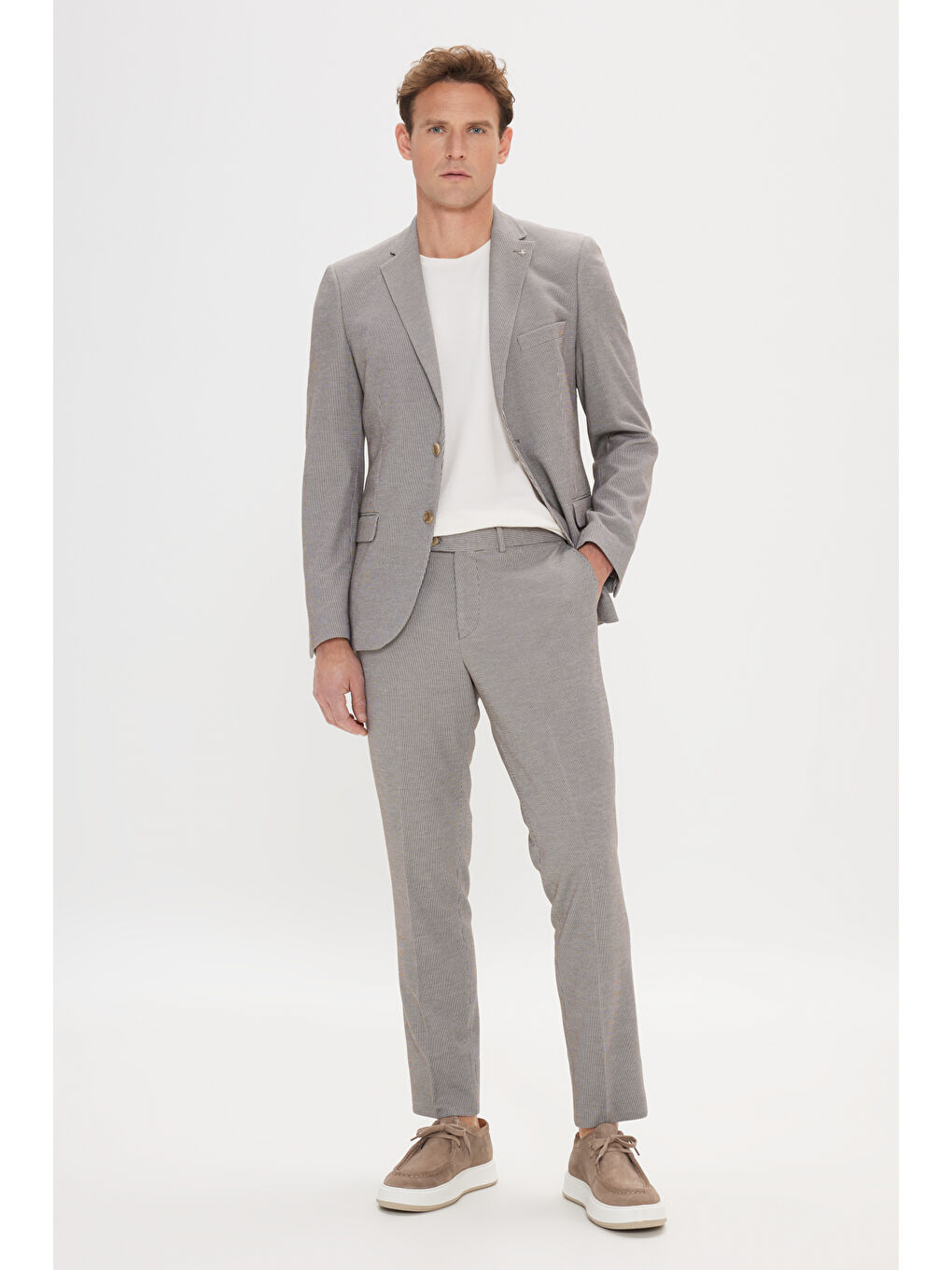 Bej Erkek Vizon Slim Fit Dar Kesim Mono Yaka Çizgili Takım Elbise-1