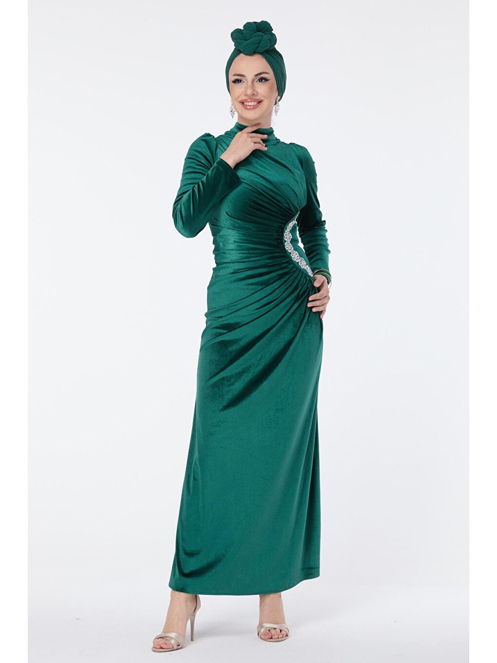 Düz Hakim Yaka Kadın Yeşil Abiye Elbise - 23591-3