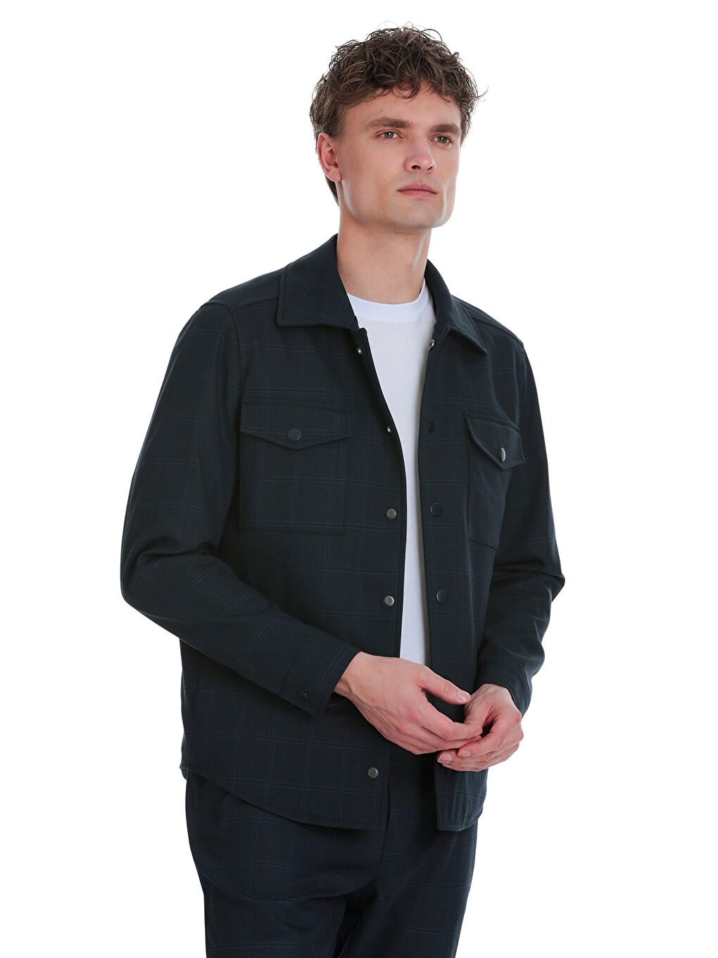Lacivert  Slim Fit Kareli Mono Yaka Overshirt Takım