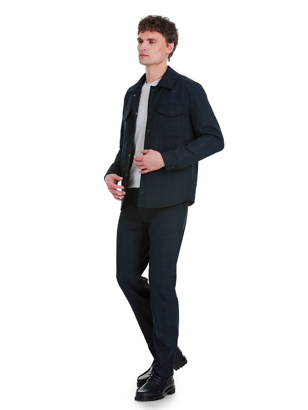 Lacivert  Slim Fit Kareli Mono Yaka Overshirt Takım-1
