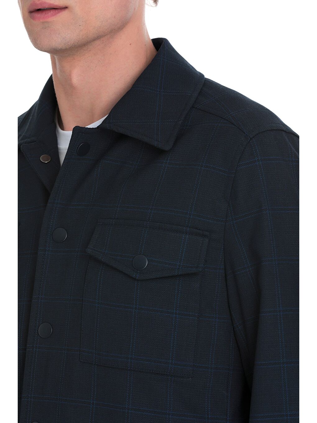Lacivert  Slim Fit Kareli Mono Yaka Overshirt Takım-2