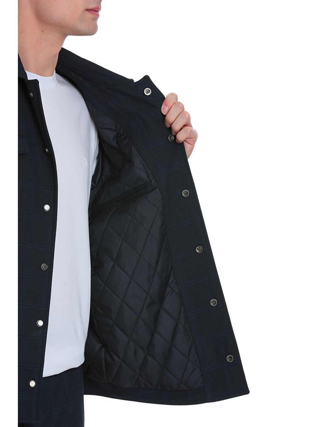 Lacivert  Slim Fit Kareli Mono Yaka Overshirt Takım-3