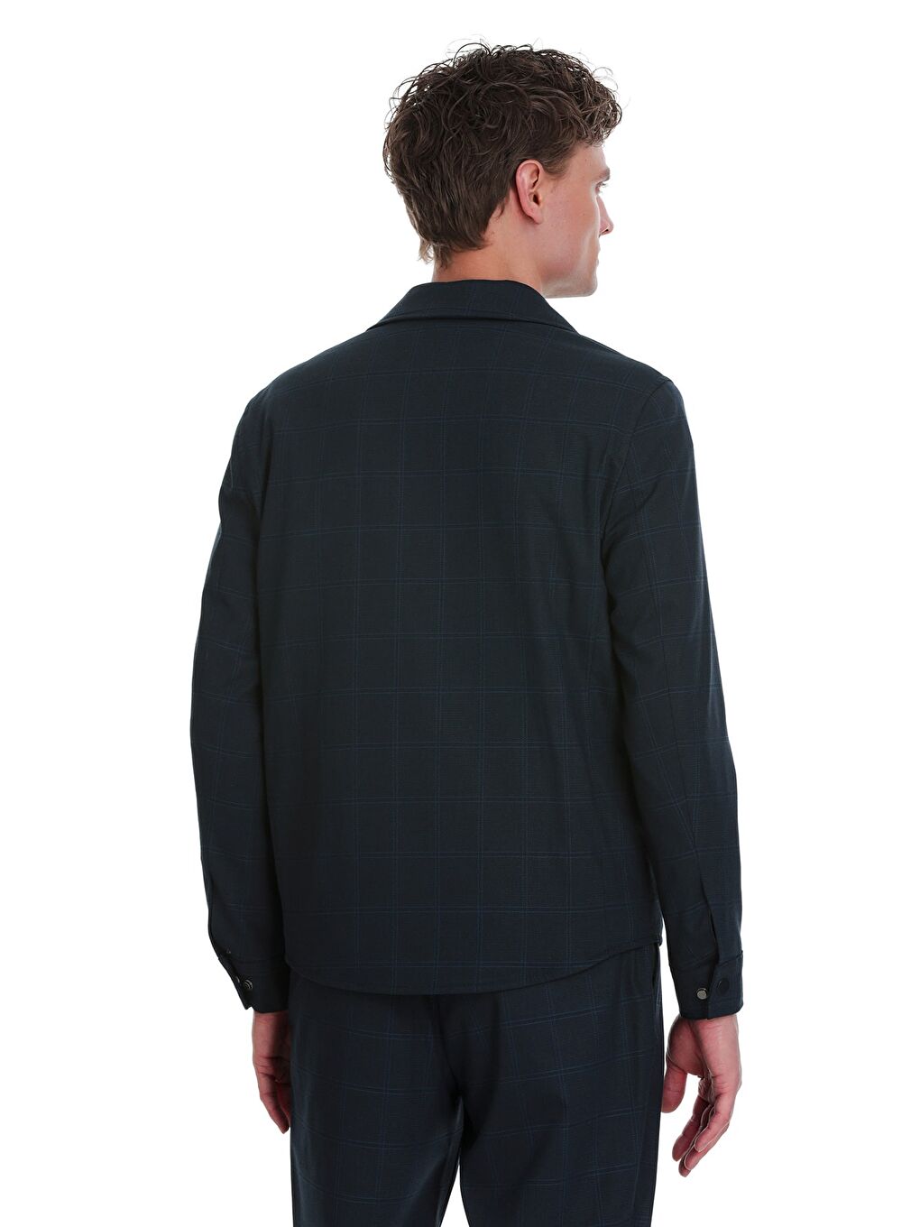Lacivert  Slim Fit Kareli Mono Yaka Overshirt Takım-4