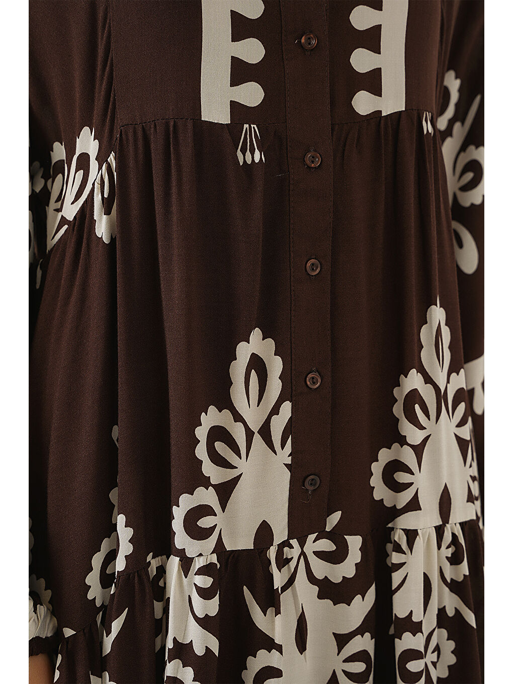 Kahverengi 2423 Otantik Desenli Tesettür Elbise - Koyu Kahve-4