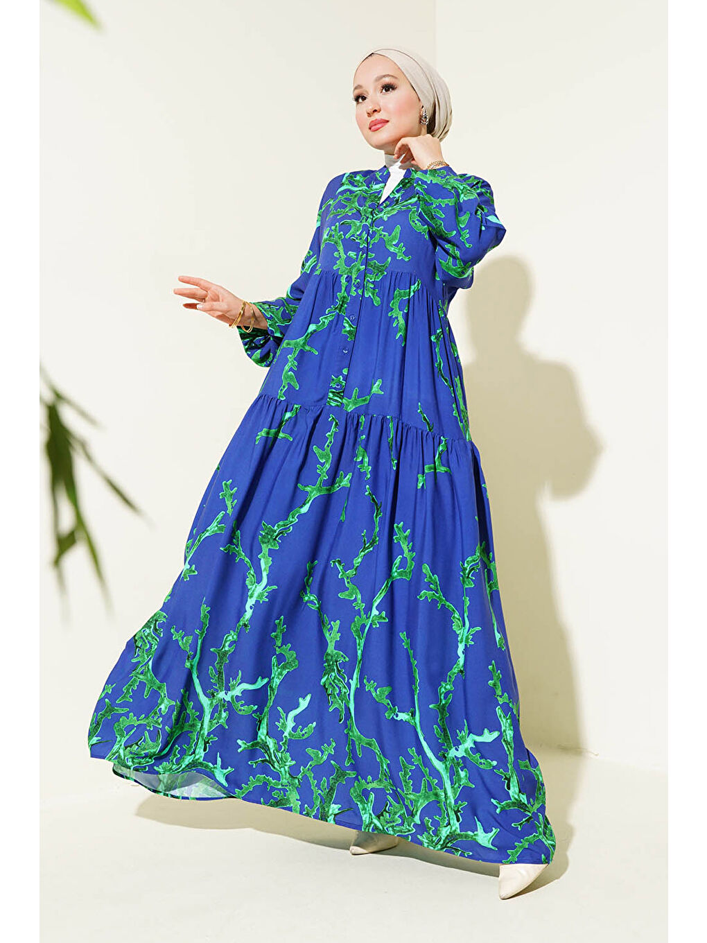 2423 Otantik Desenli Tesettür Elbise - T. Lacivert