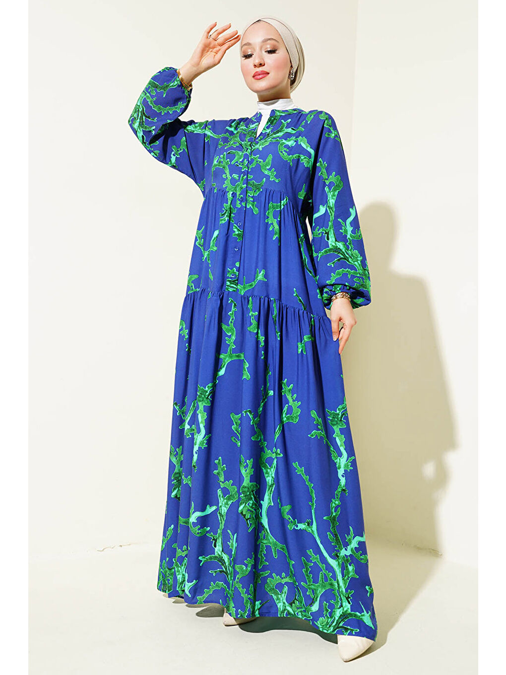 2423 Otantik Desenli Tesettür Elbise - T. Lacivert-1