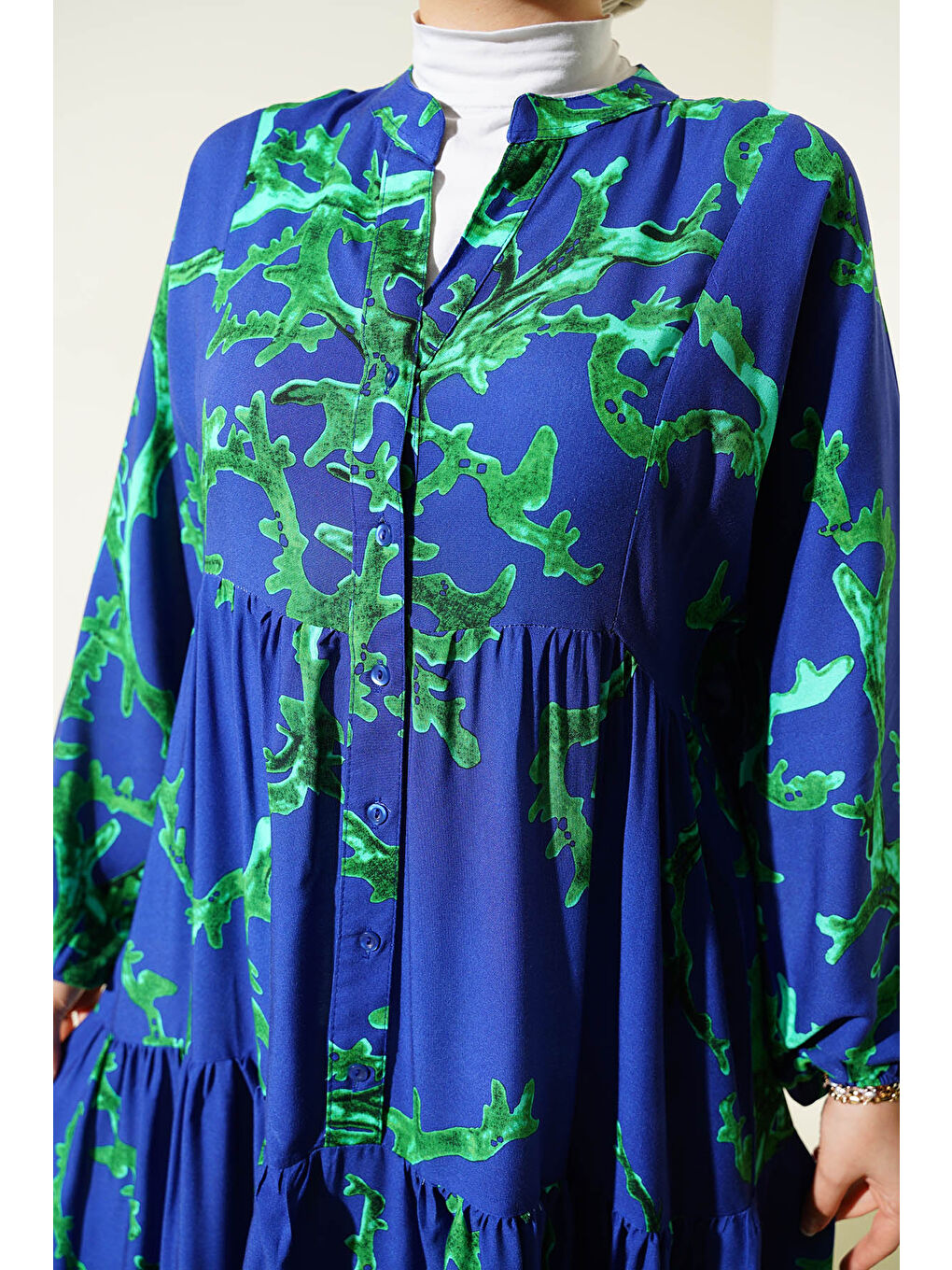 2423 Otantik Desenli Tesettür Elbise - T. Lacivert-2