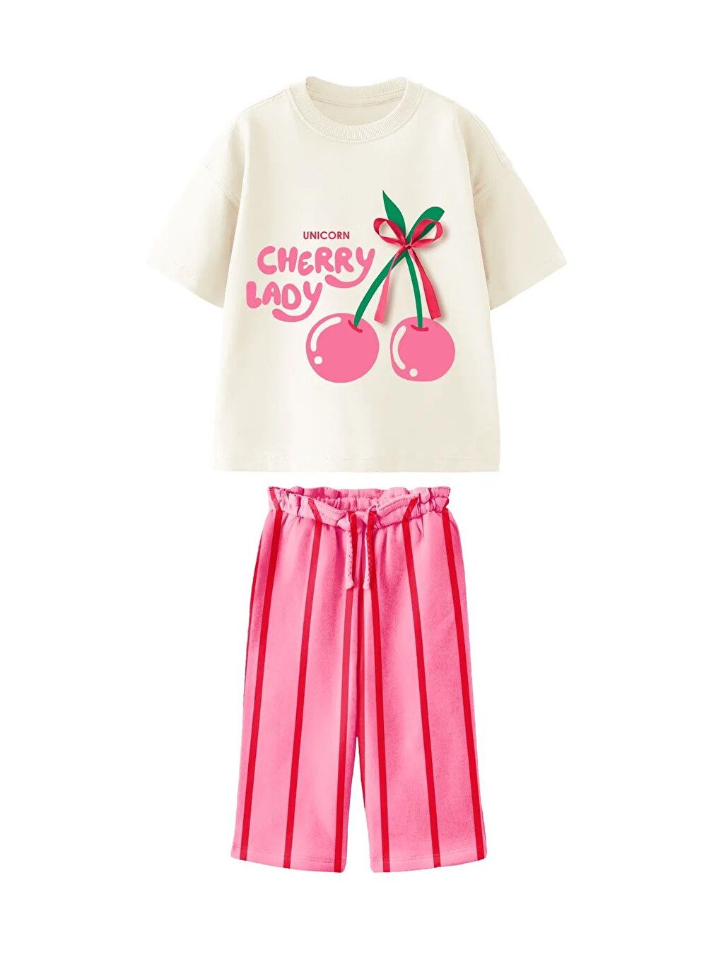 Karışık Kız Çocuk Pamuklu Kiraz Desenli T-Shirt Ve Pembe Çizgili Bermuda Takım-1