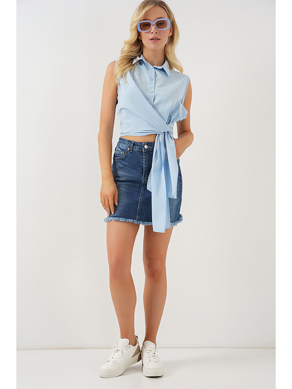 Kadın Sıfır Kol Önü Bağlamalı Gömlek 20340 - Mavi-1