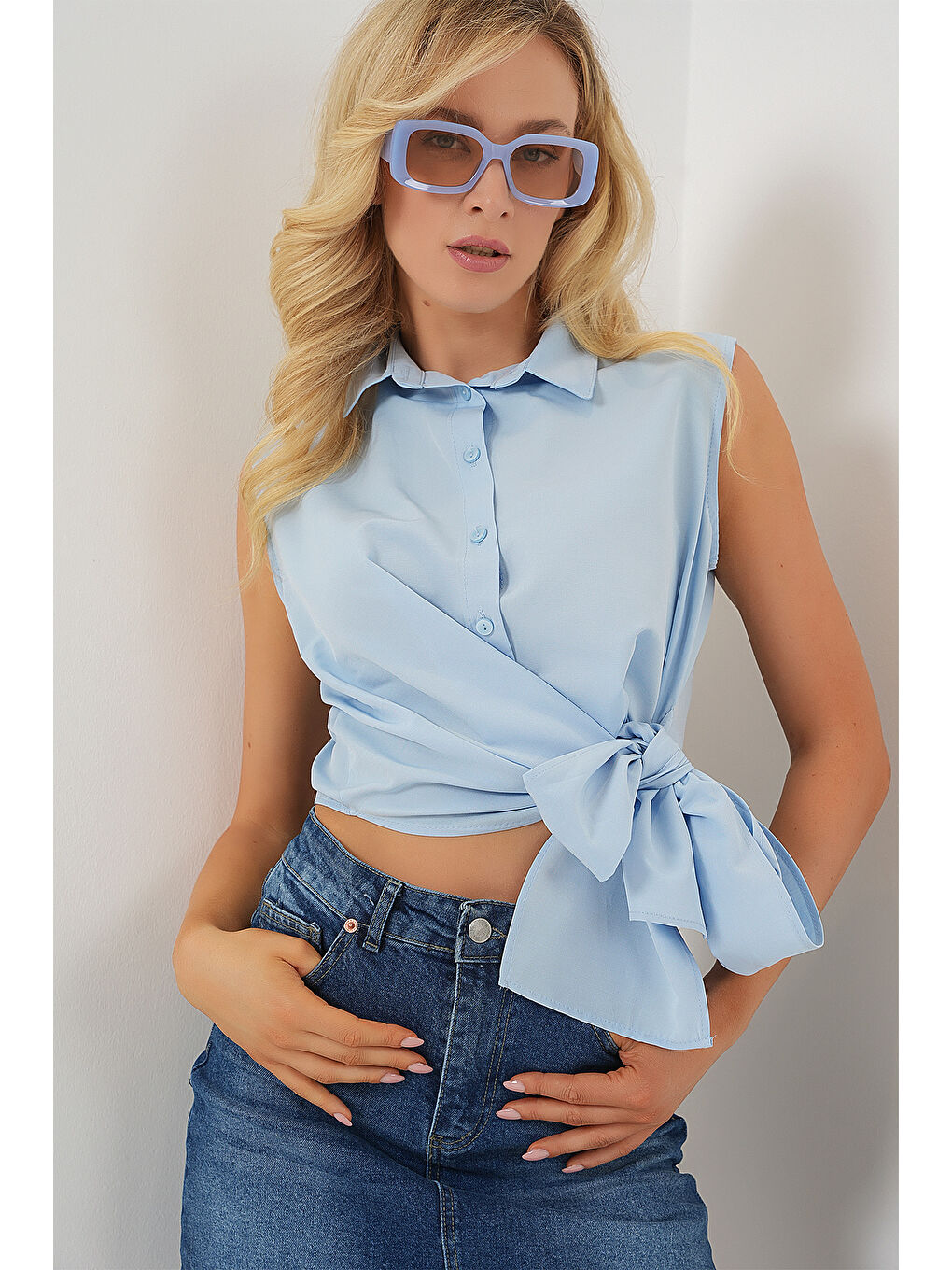 Kadın Sıfır Kol Önü Bağlamalı Gömlek 20340 - Mavi-2
