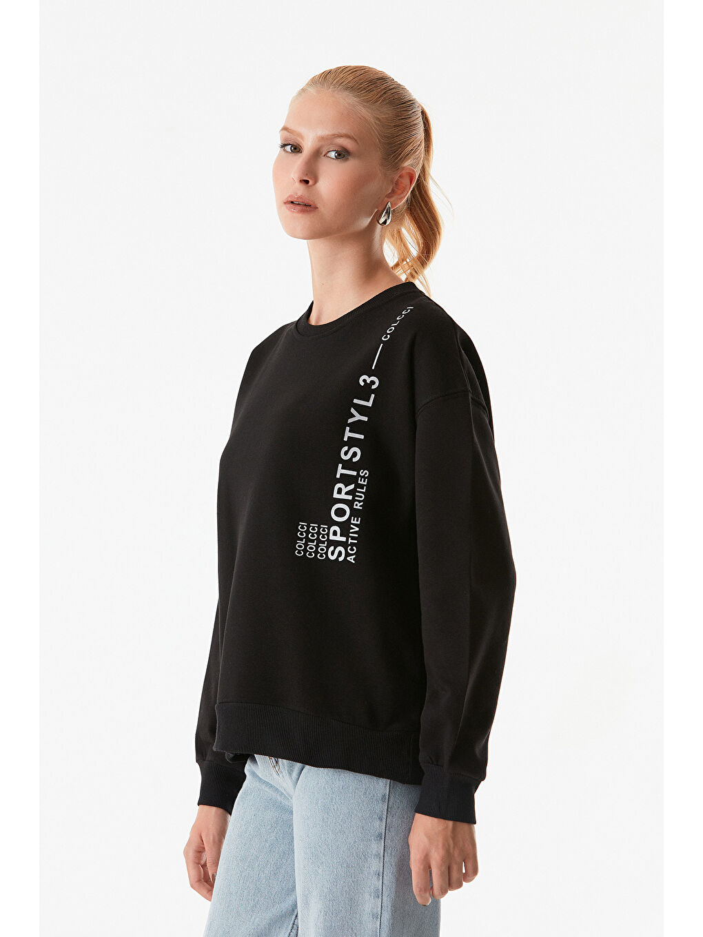 Fullamoda Siyah Yazı Baskılı Bisiklet Yaka Sweatshirt - 1