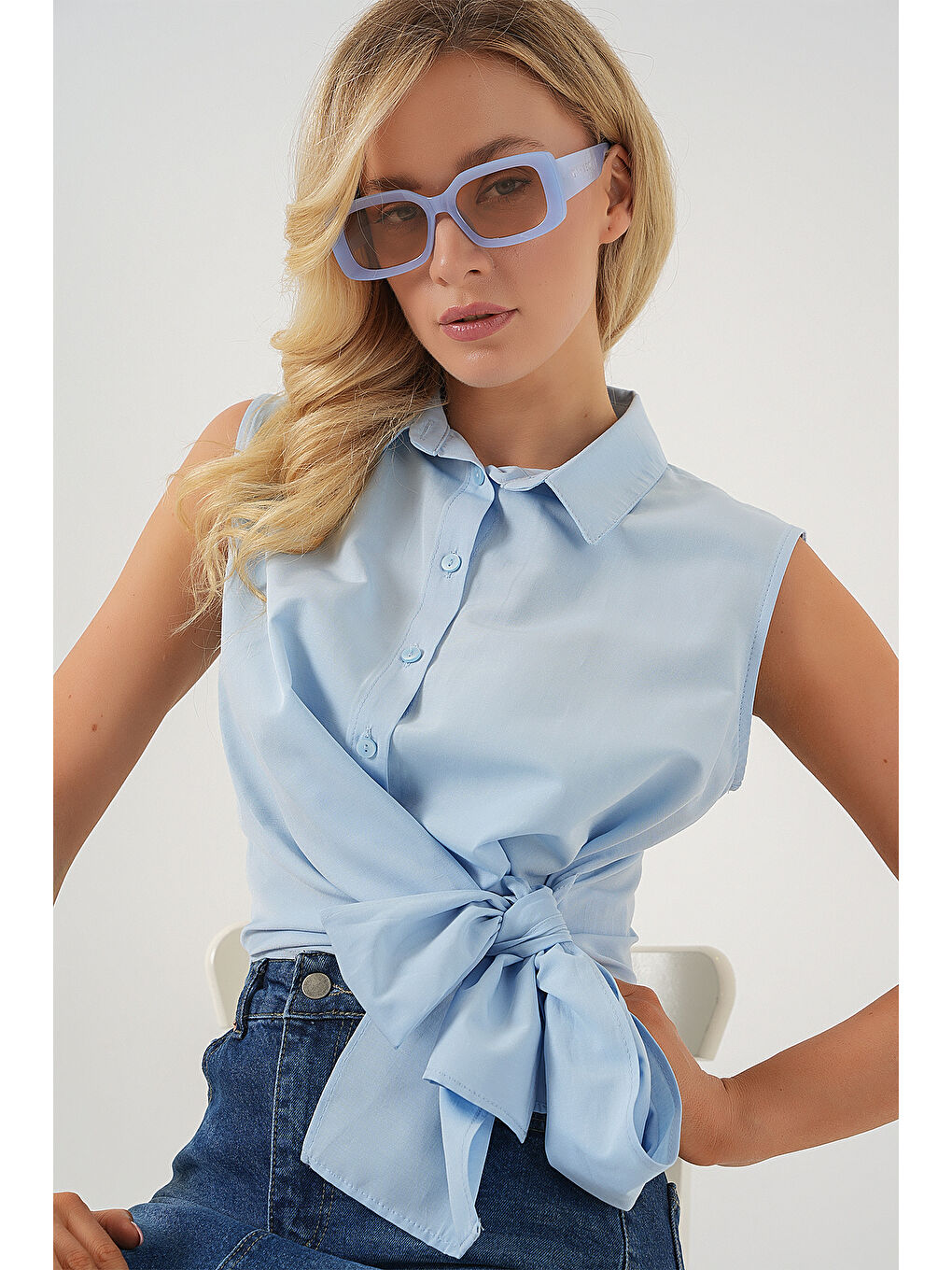 Kadın Sıfır Kol Önü Bağlamalı Gömlek 20340 - Mavi-3