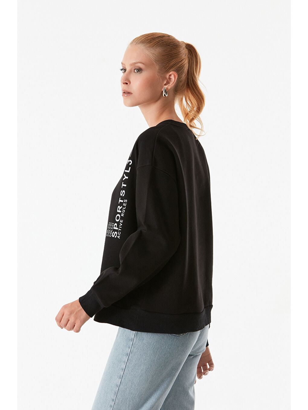 Fullamoda Siyah Yazı Baskılı Bisiklet Yaka Sweatshirt - 2