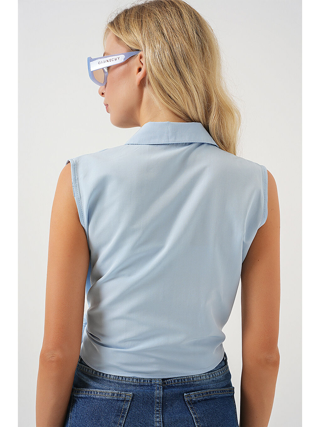 Kadın Sıfır Kol Önü Bağlamalı Gömlek 20340 - Mavi-5