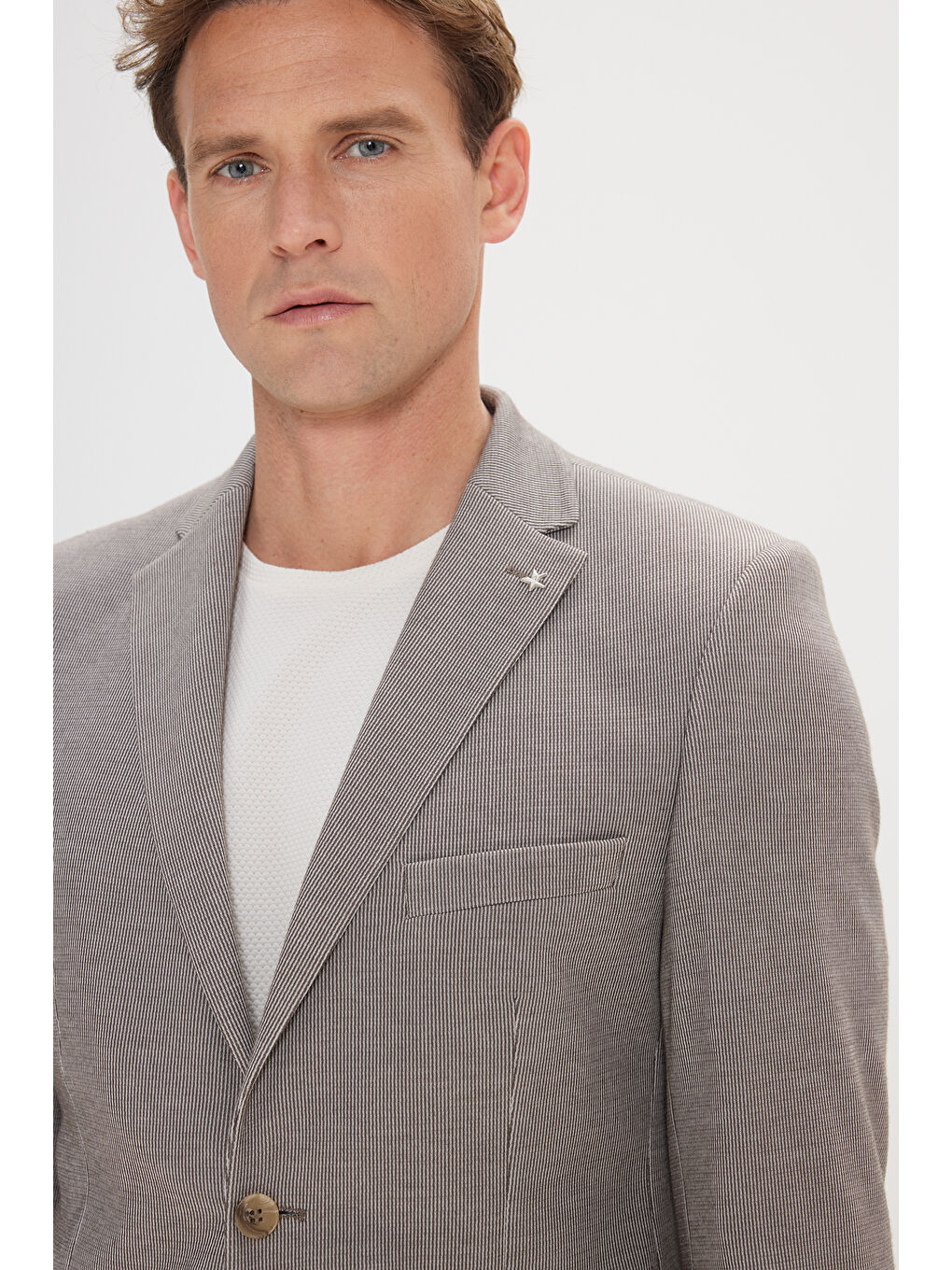 Bej Erkek Vizon Slim Fit Dar Kesim Mono Yaka Çizgili Takım Elbise-3