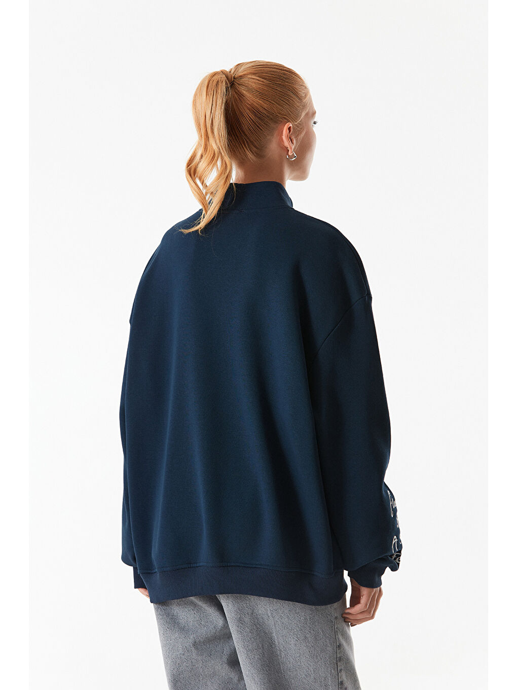 Fullamoda Lacivert Nakışlı Dik Yaka Yarım Fermuarlı Oversize Sweatshirt - 4