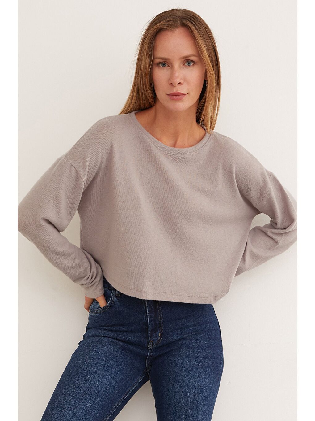 Gri Basic Bisiklet Yaka Triko Bluz