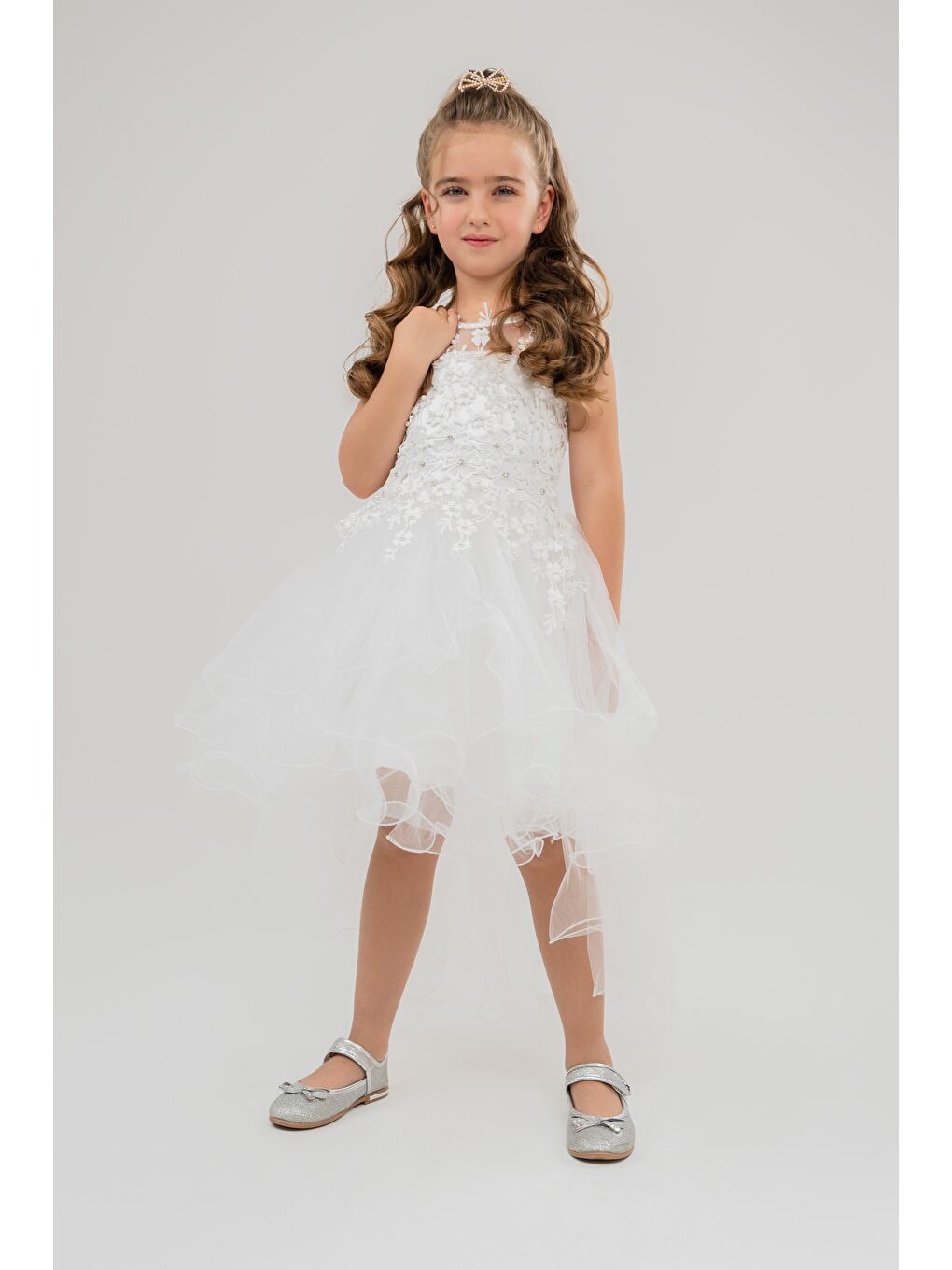 Beyaz Güpür Model Kuyruklu Gelinlik Çocuk Kolsuz Abiye MNK0470