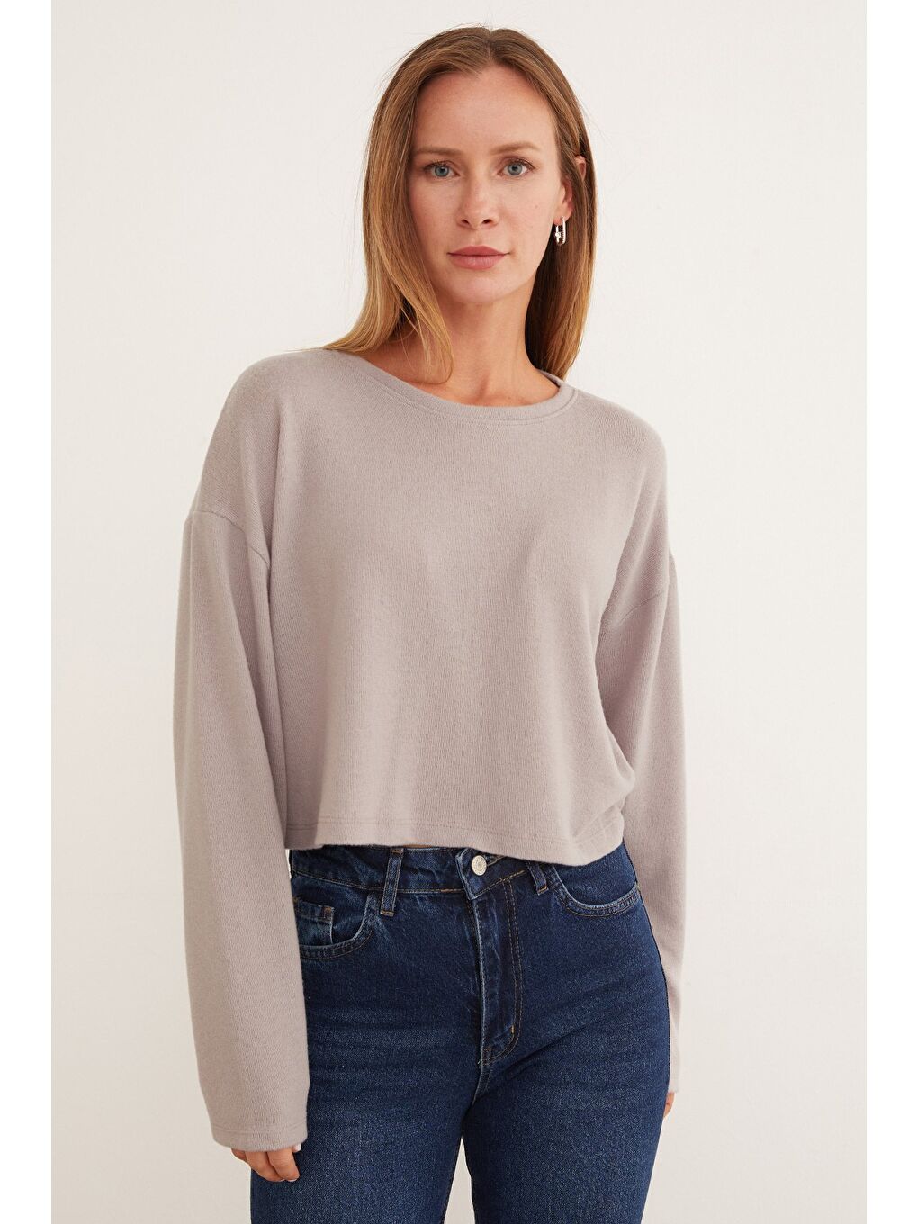 Gri Basic Bisiklet Yaka Triko Bluz-1