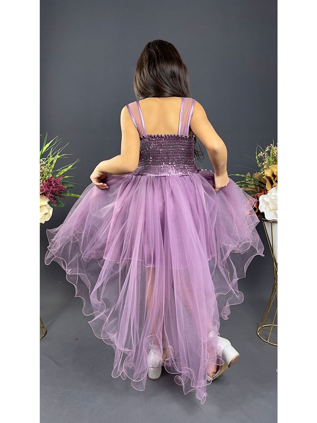 Mor Güpür Model Kuyruklu Gelinlik Çocuk Kolsuz Abiye MNK0470-1