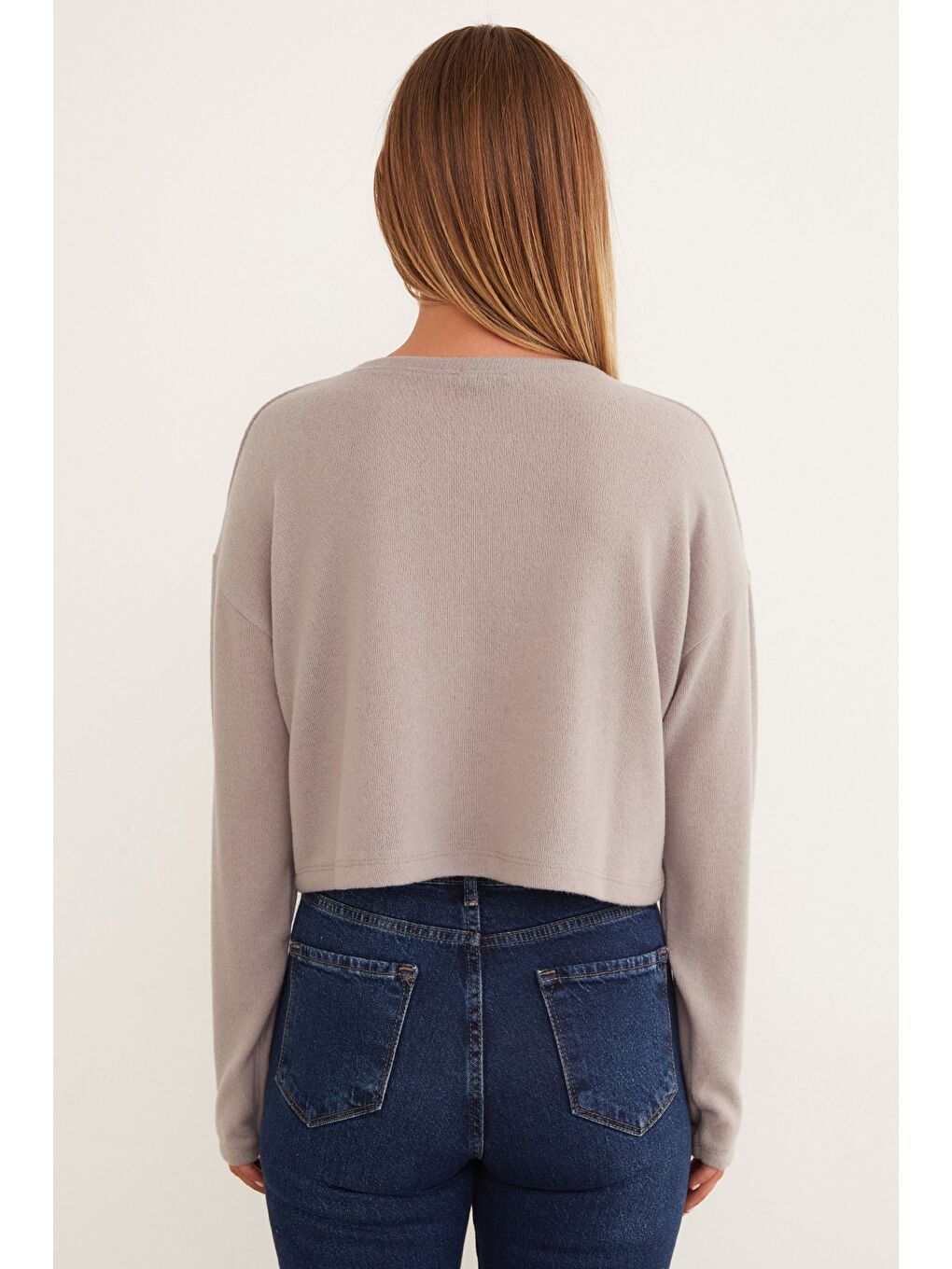 Gri Basic Bisiklet Yaka Triko Bluz-3