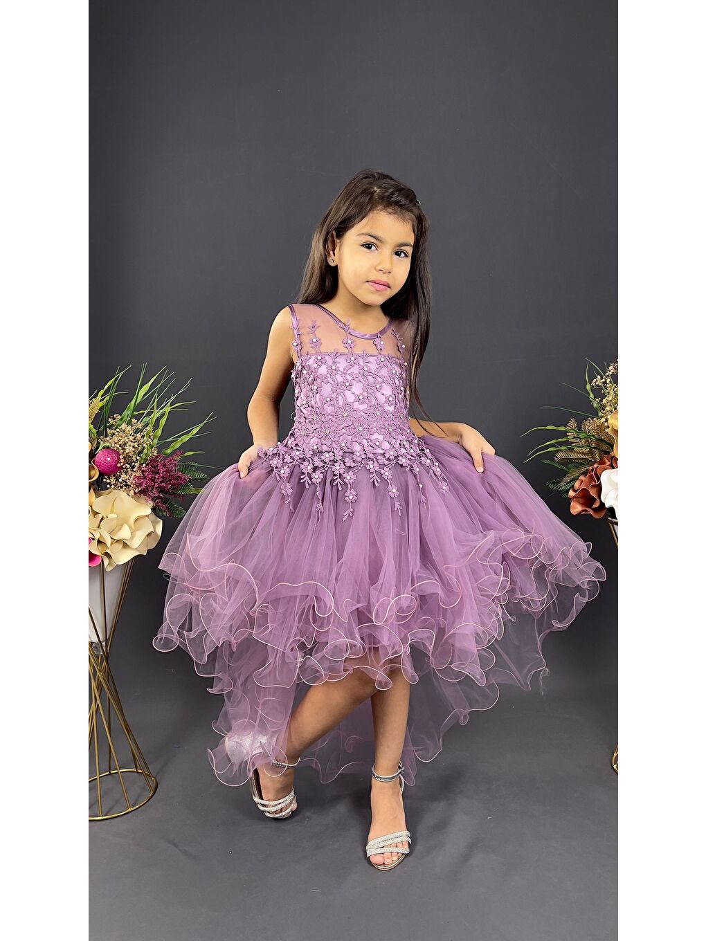 Mor Güpür Model Kuyruklu Gelinlik Çocuk Kolsuz Abiye MNK0470-2