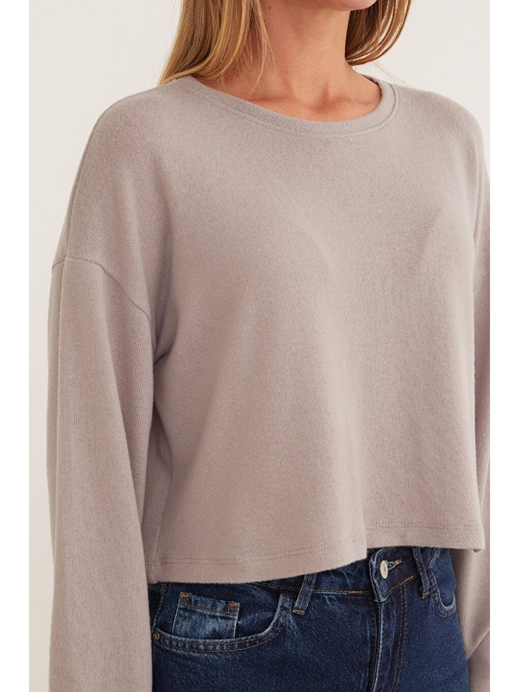 Gri Basic Bisiklet Yaka Triko Bluz-4