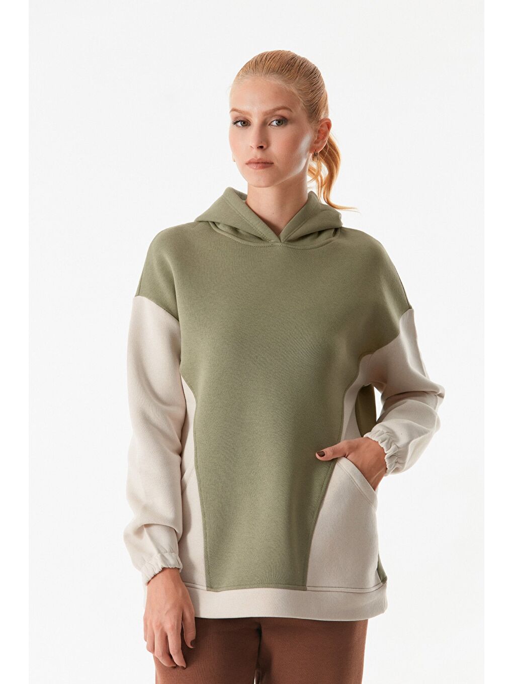 Fullamoda Haki Basic Cepli Kapüşonlu Sweatshirt