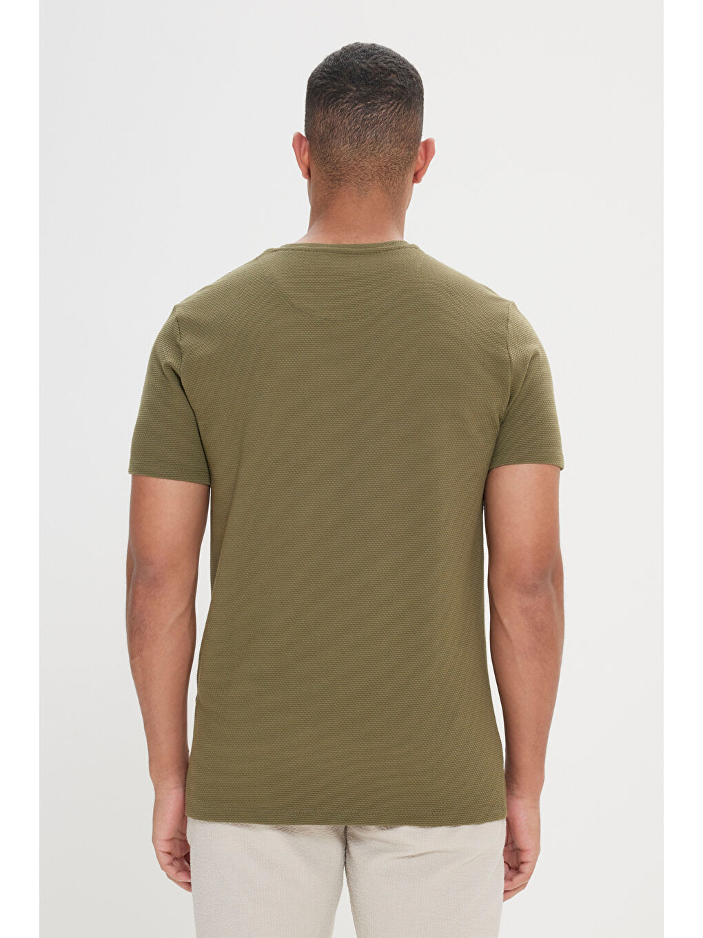 Erkek Haki Slim Fit Dar Kesim Bisiklet Yaka Kısa Kollu Yumuşak Tuşeli Basic Tişört-4