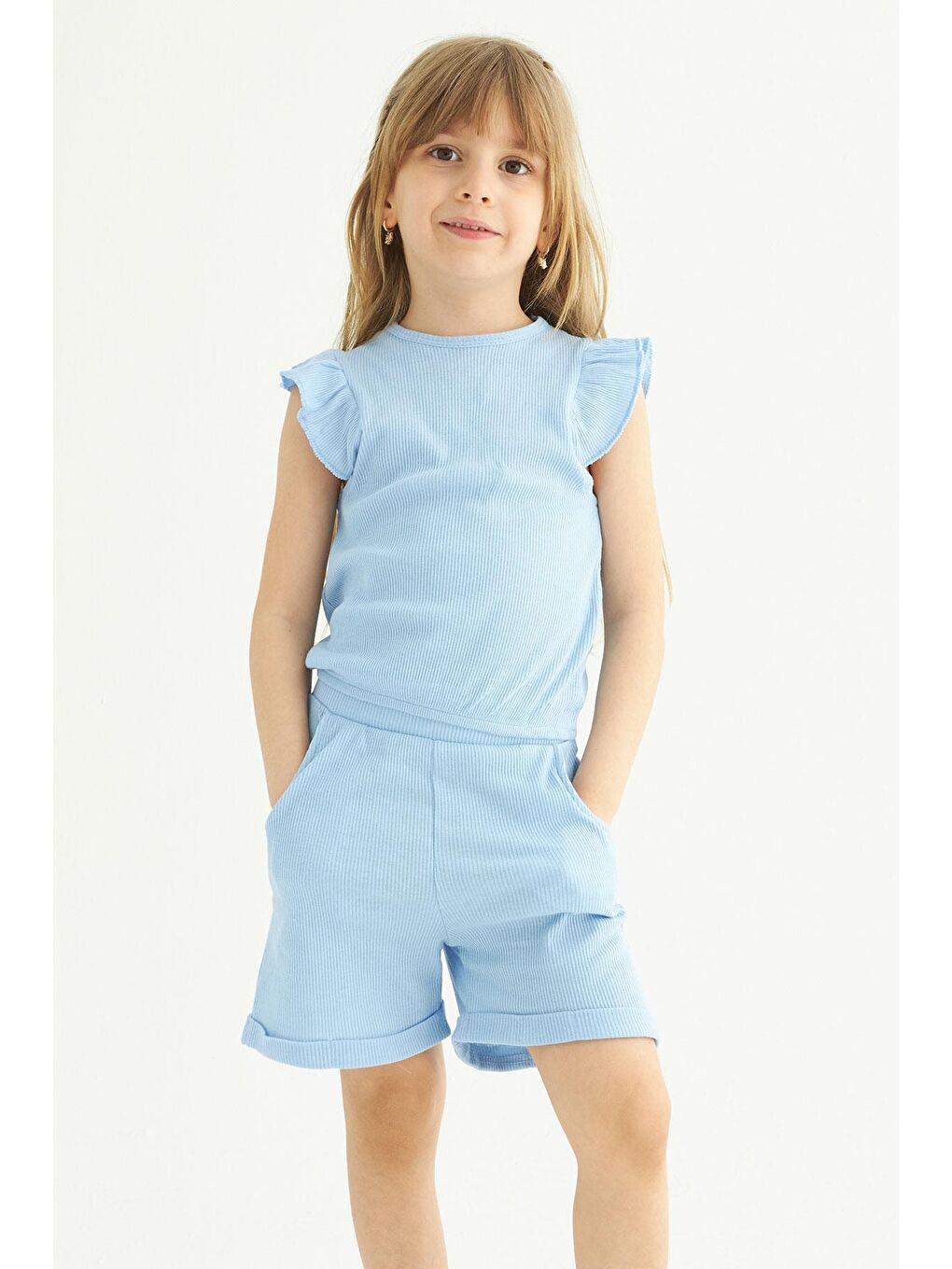 Mavi Bisiklet Yaka Omuzları Fırfırlı Kız Çocuk Şortlu Takım