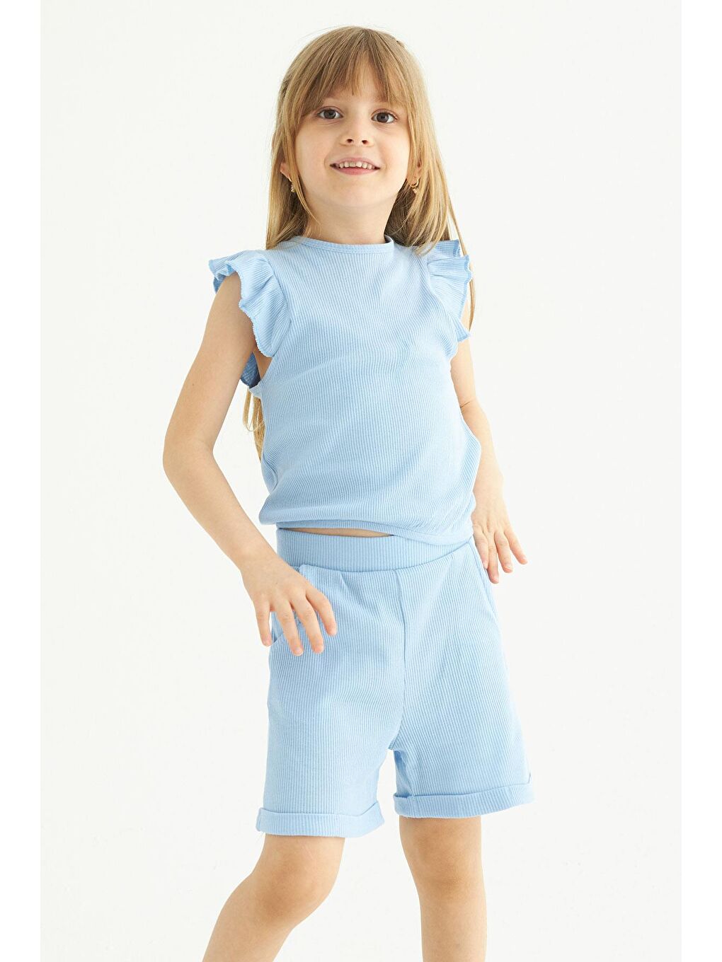 Mavi Bisiklet Yaka Omuzları Fırfırlı Kız Çocuk Şortlu Takım-2