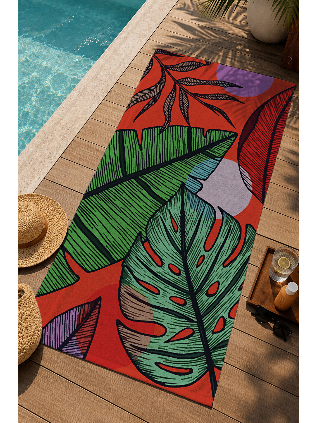 Kırmızı Yeşil Büyük Tropikal Yaprak Desenli 70x150 Cm Dijital Baskılı Plaj Ve Banyo Havlusu-2