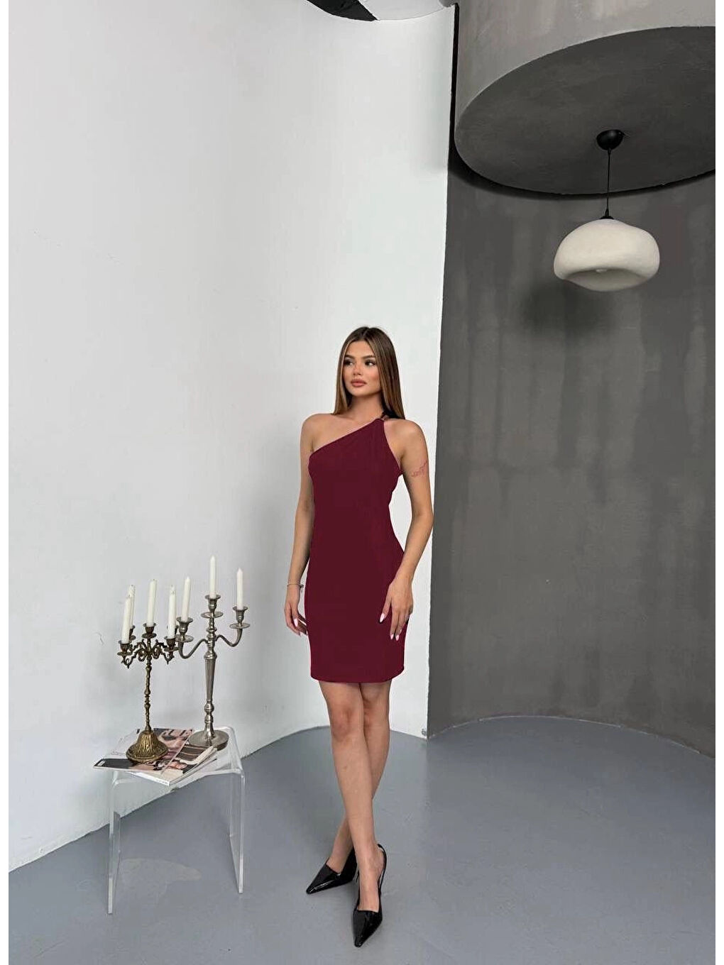 Kadın Bordo Ottoman Kumaş Tek Omuz Toka Detaylı Elbise HZL25S-FRY123151