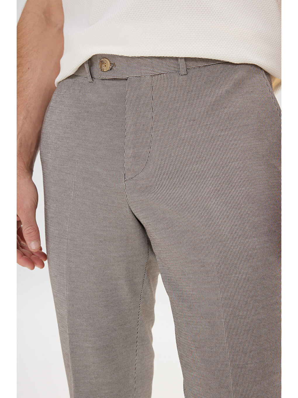 Bej Erkek Vizon Slim Fit Dar Kesim Mono Yaka Çizgili Takım Elbise-4