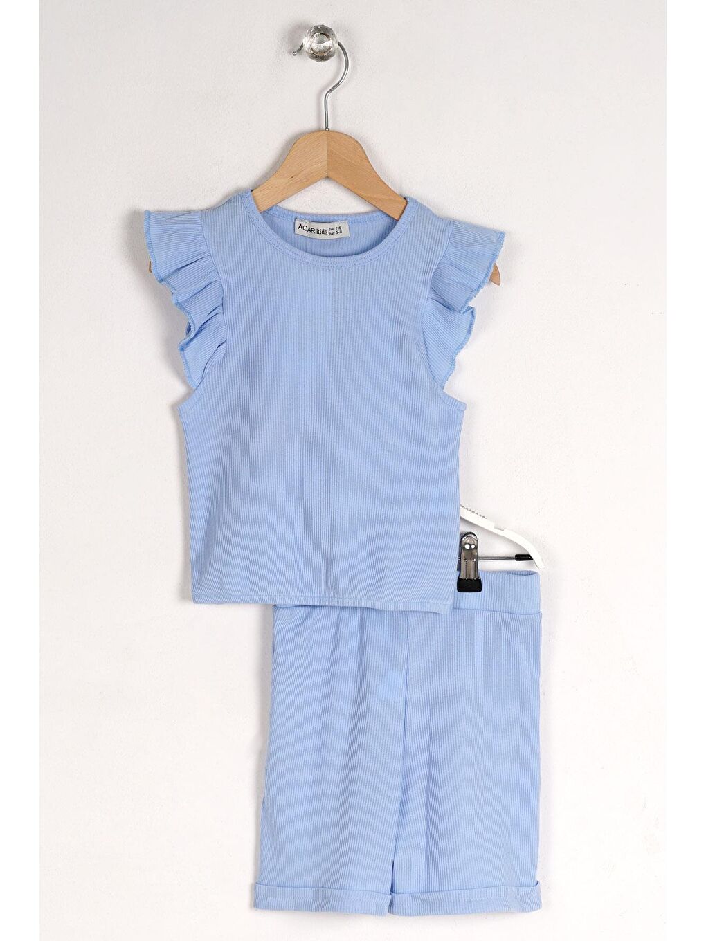 Mavi Bisiklet Yaka Omuzları Fırfırlı Kız Çocuk Şortlu Takım-4