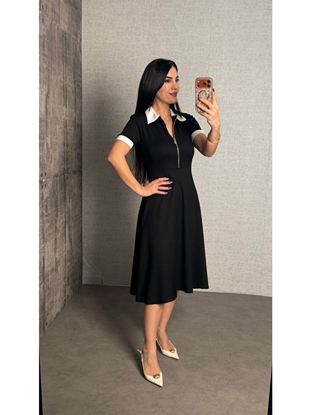 Siyah Kadın Polo Yaka Fermuar Detaylı Modal Midi Elbise-1