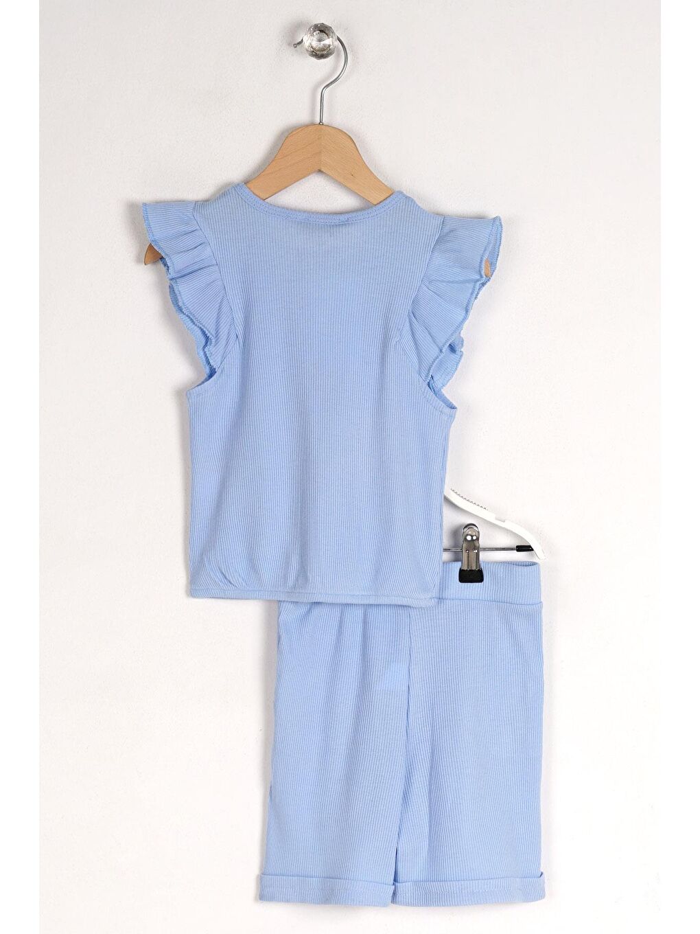 Mavi Bisiklet Yaka Omuzları Fırfırlı Kız Çocuk Şortlu Takım-5