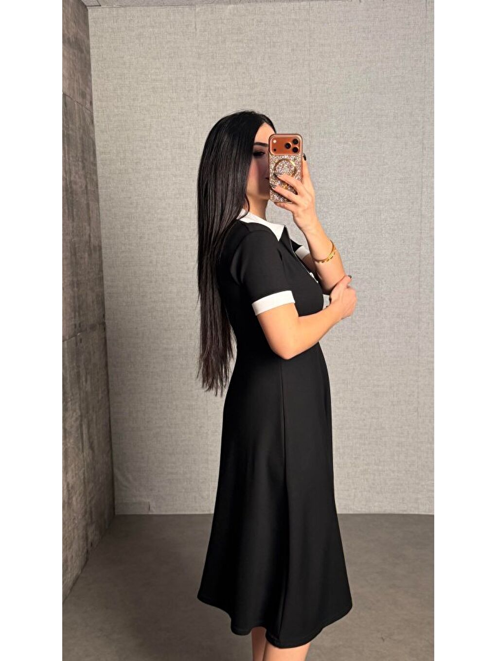 Siyah Kadın Polo Yaka Fermuar Detaylı Modal Midi Elbise-2