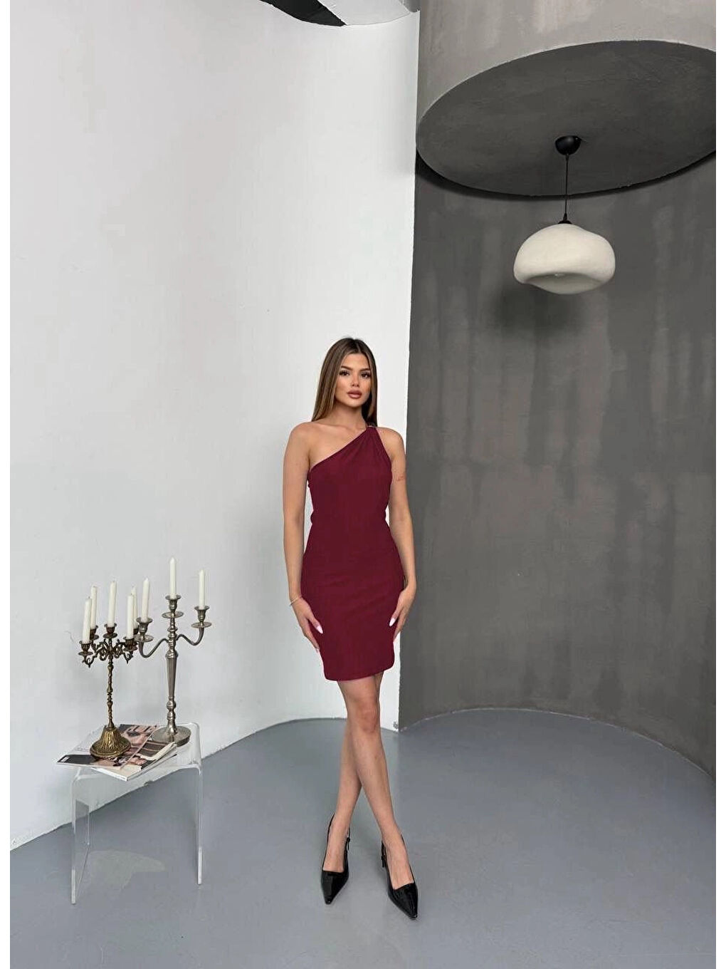 Kadın Bordo Ottoman Kumaş Tek Omuz Toka Detaylı Elbise HZL25S-FRY123151-1