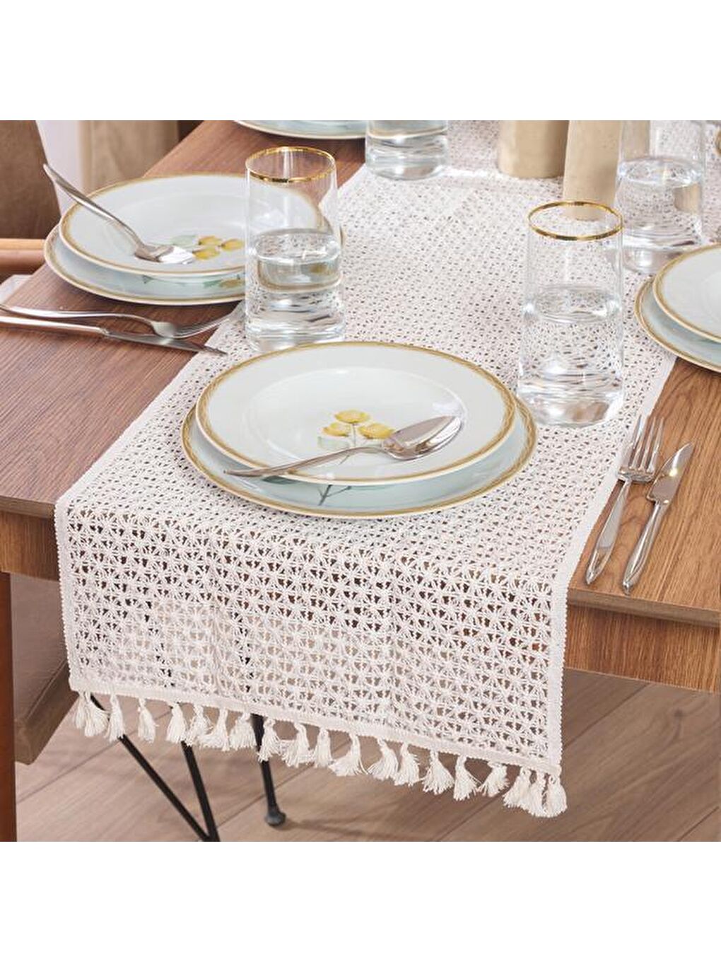 Soft Dantel Örgü Runner - Bej - 35x145 cm