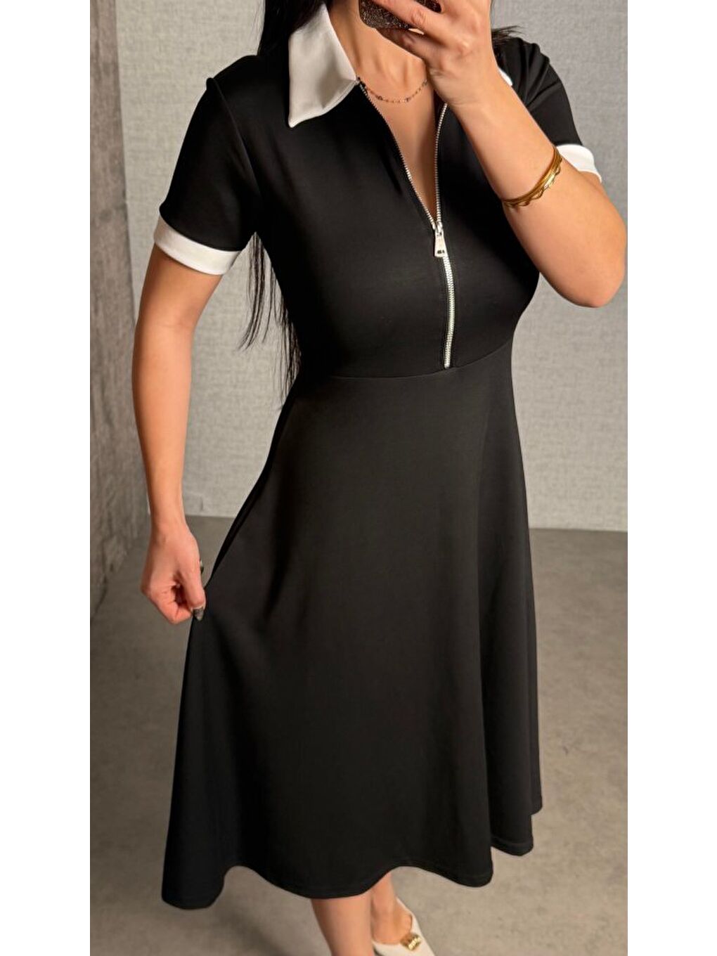Siyah Kadın Polo Yaka Fermuar Detaylı Modal Midi Elbise-3