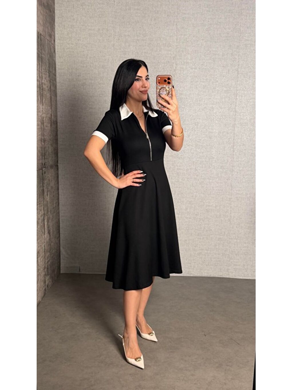 Siyah Kadın Polo Yaka Fermuar Detaylı Modal Midi Elbise-4