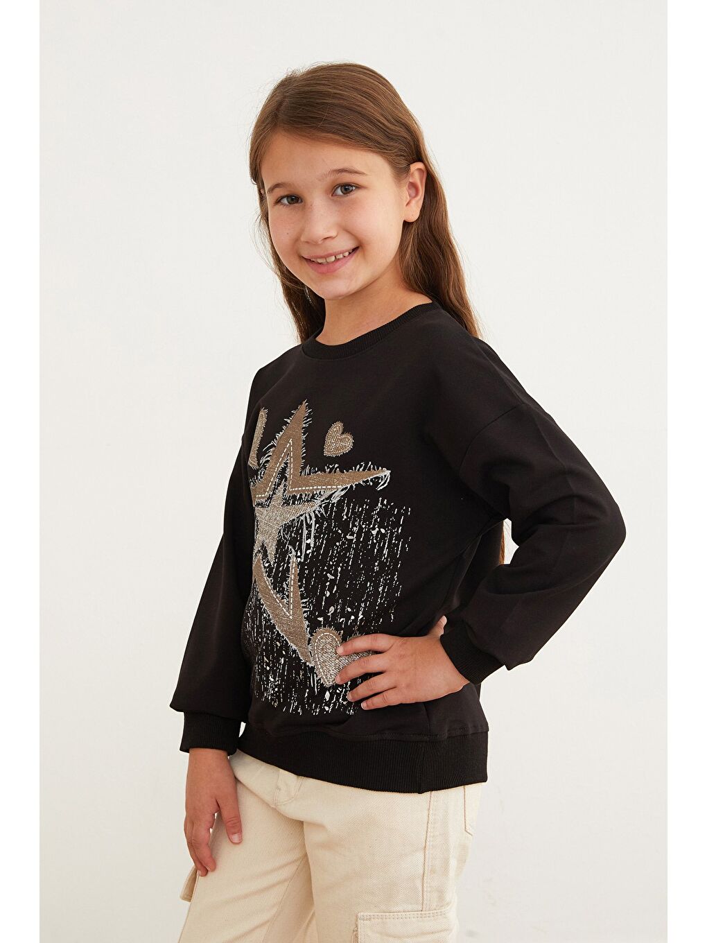 Siyah Yıldız Ve Kalp Baskılı Kız Çocuk Sweatshirt-2
