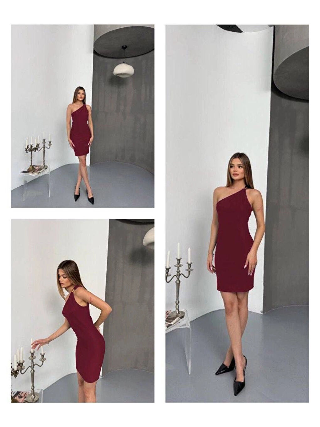 Kadın Bordo Ottoman Kumaş Tek Omuz Toka Detaylı Elbise HZL25S-FRY123151-3